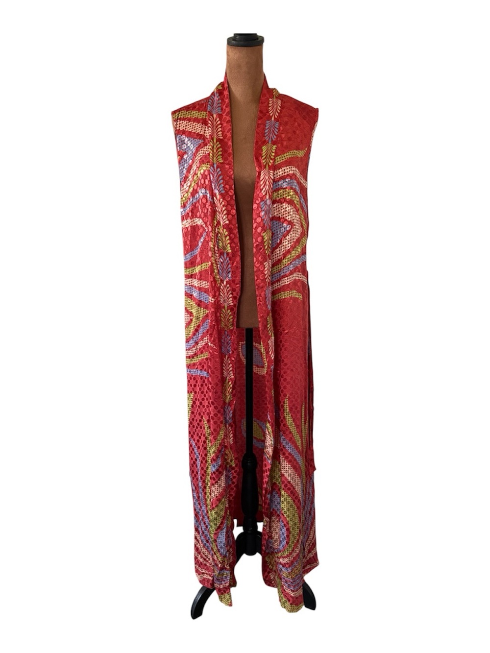 Beautiful NWT 100% Silk Sleeveless Long Duster Robe Swim Cover-Up Boho Festival - Picture 10 of 10
